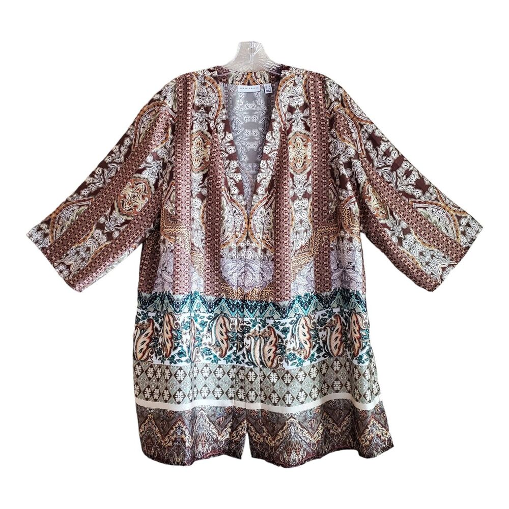 SUSAN GRAVER Women's L Kimono Jacket Cardigan Satiny Open Front Green Gold 46"